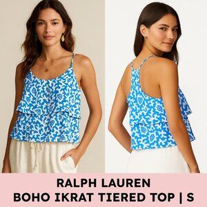 Ralph Lauren Cotton Ikat Tiered Sleeveless Top Boho Resortwear Blue White Size S